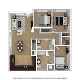 A floor plan of a small apartment with a kitchen, living room, and bedroom.