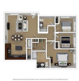 A floor plan of a small apartment with a kitchen, living room, and two bedrooms.