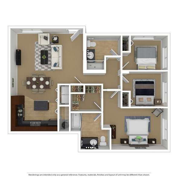 A floor plan of a small apartment with a kitchen, living room, and two bedrooms.