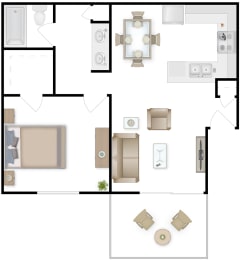 1 Bed 1 Bath furnished floor plan