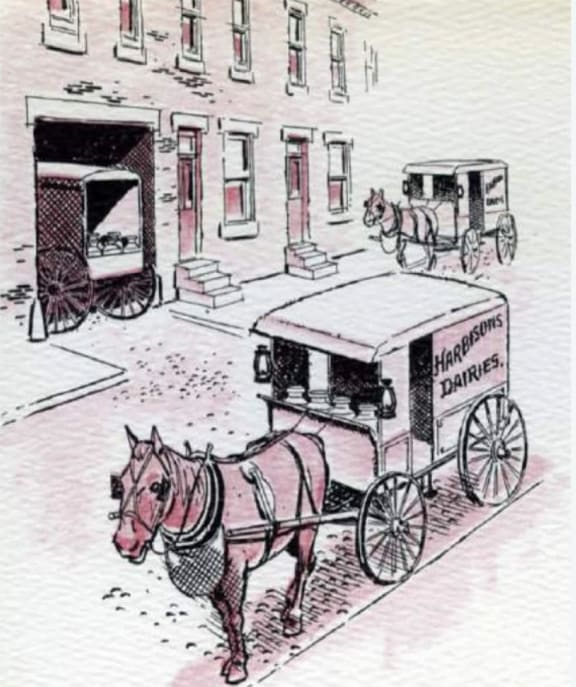 a drawing of a horse drawn carriage on a city street