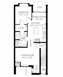 One-bedroom, one-bathroom Alta floor plan with a patio at New Kent Apartments in West Chester, PA, offering a cozy and comfortable living space