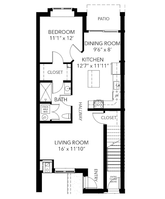 One-bedroom, one-bathroom Alta floor plan with a patio at New Kent Apartments in West Chester, PA, offering a cozy and comfortable living space