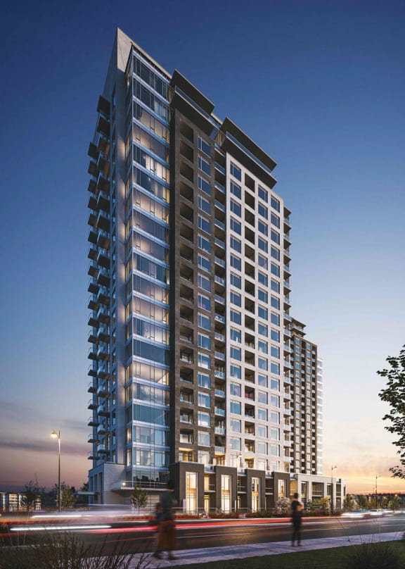 a rendering of a tall building and a view of a city