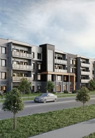a rendering of an apartment building with a car driving down the street