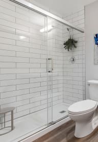 a white bathroom with a shower and a toilet