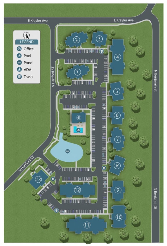 a site map of a park with a road and a pool