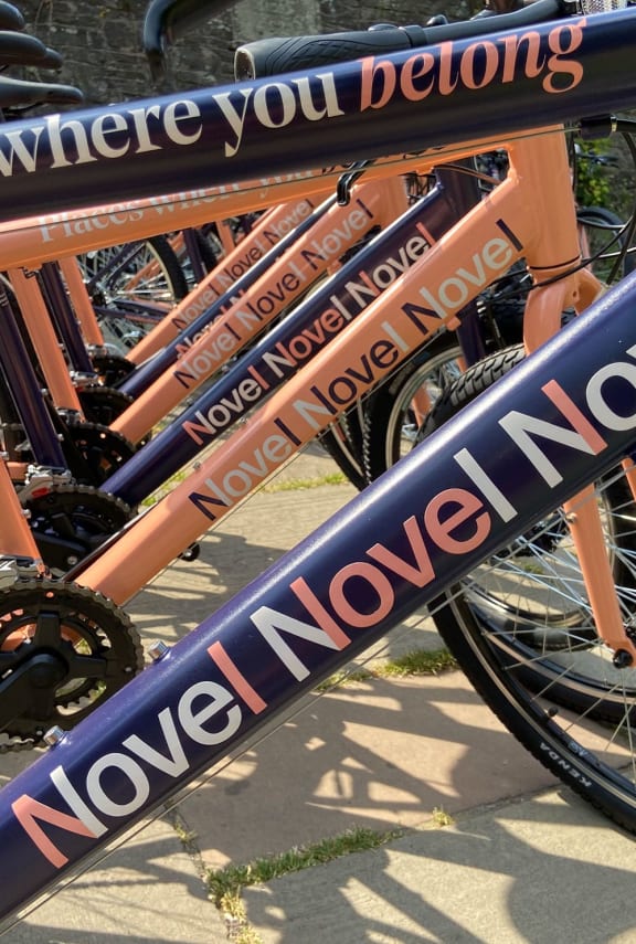 a row of bikes with a sign that says where you belong none none none