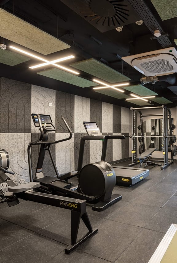 two treadmills and other exercise equipment in a gym