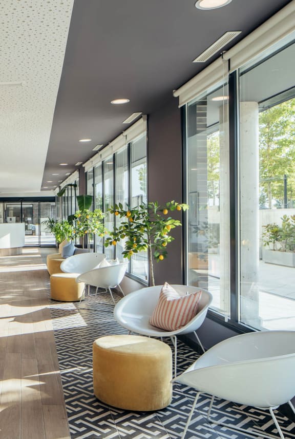 a lobby with chairs and tables and large windows