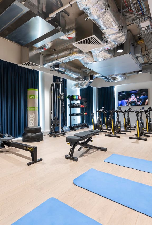 a gym with weights and yoga mats and a tv on the wall