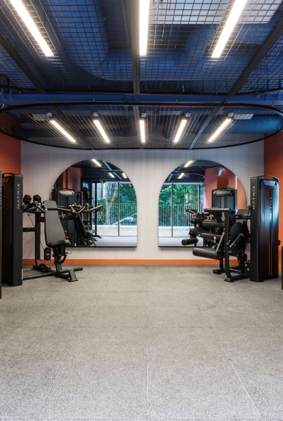 a gym with a row of weights and a punching bag