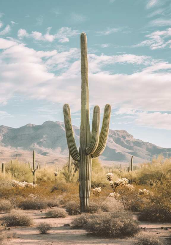 A tall saguaro cactus stands in a desert landscape.