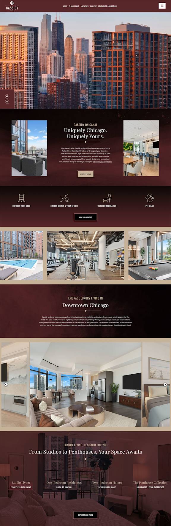 A webpage showcasing various images of a city skyline, modern apartments, and interior spaces.