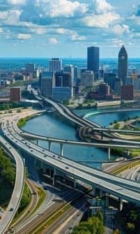 an aerial view of a city with highways and a river