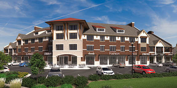 A large building with a red roof and a sign that says "FASHION" on it.