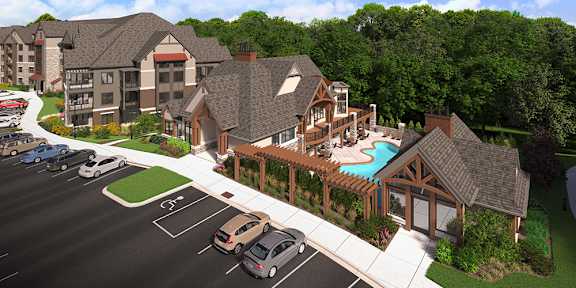 A rendering of a resort with a pool and a covered walkway.