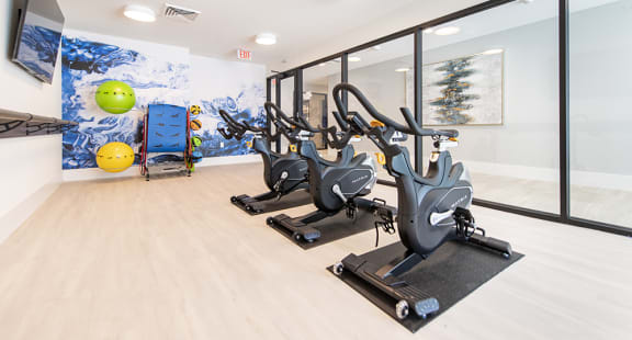 a room with a row of exercise bikes in front of a wall with a mural of a