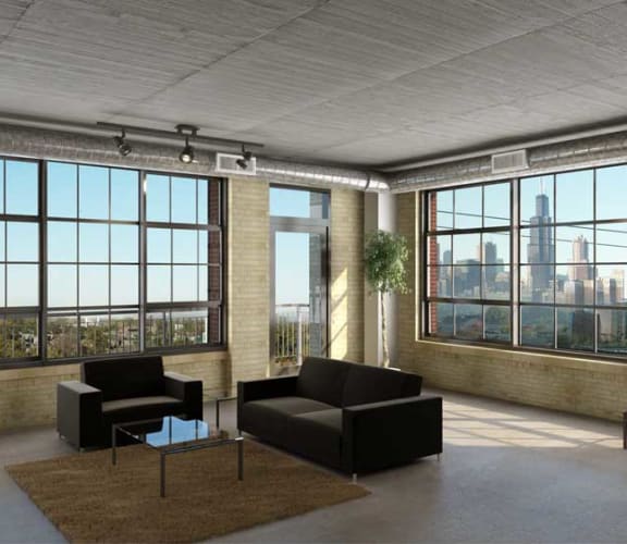 a rendering of a living room with black furniture and large windows