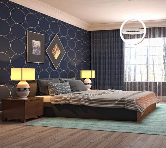 a bedroom with a bed and a rug