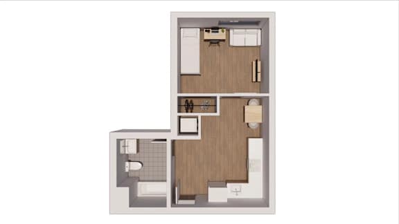 A floor plan of a two-bedroom apartment with a kitchen and bathroom.
