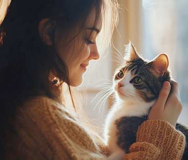 A woman in a beige sweater is holding a cat.