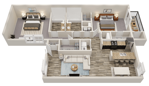 A 3D floor plan of a house with multiple rooms and furniture.