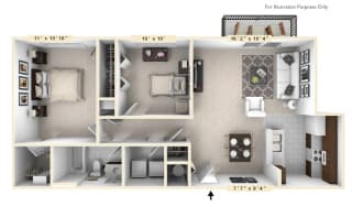 The Monroe - 2 BR 1 BA Floor Plan at Enclave Apartments, Midlothian, Virginia