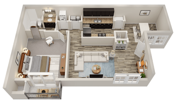 A 3D floor plan of a house showing a living room, kitchen, dining room, and bedrooms.