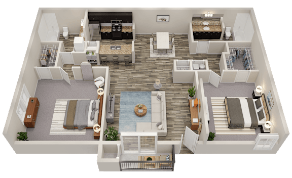 A top-down view of a two-story apartment with a living room, kitchen, dining area, and bedrooms.