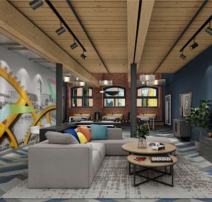 a rendering of a living room with blue walls and a large mural on the wall