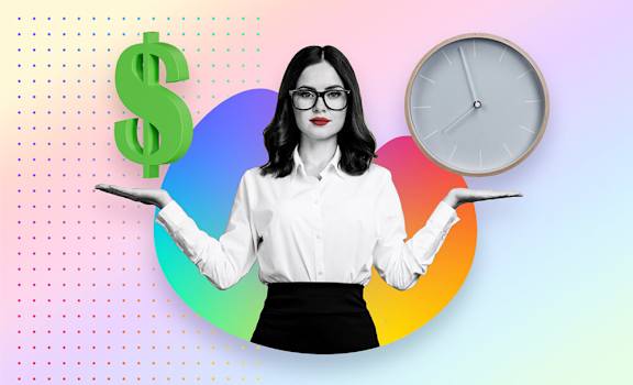 A woman in a white shirt and black skirt is holding a dollar sign and a clock.