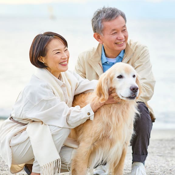 A man and woman are sitting on the beach with a dog.at The Orion Senior Apartments - Orange, CA, California, 92866