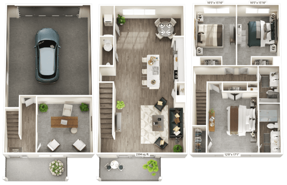 three dimensional floor plans of a car and a house