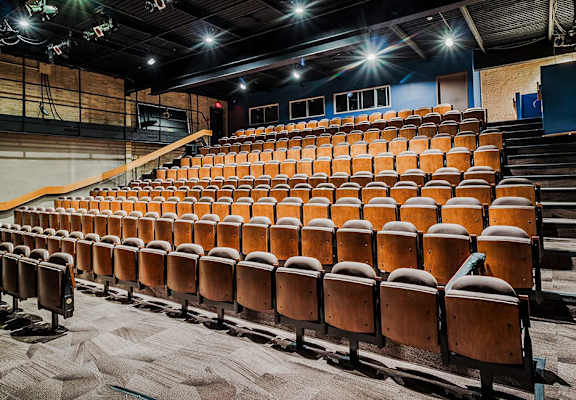 A large auditorium with rows of brown seats and a stage at the front.