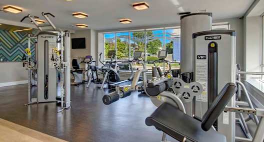 A gym with a variety of equipment including a leg press machine.