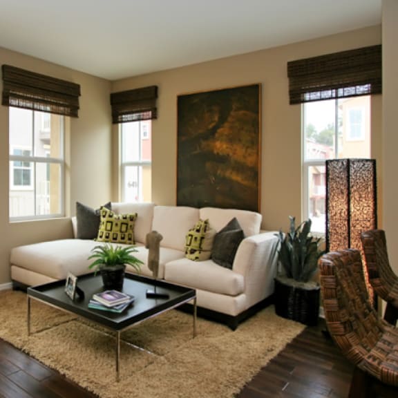 a living room with a white couch and a brown rug