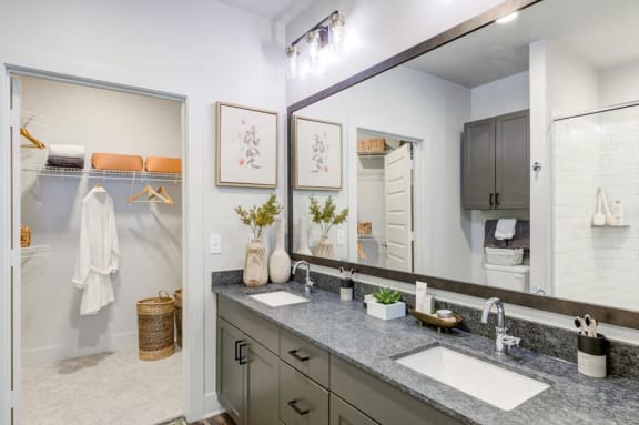 a bathroom with two sinks and a large mirror