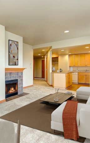 a living room with a fireplace and a couch