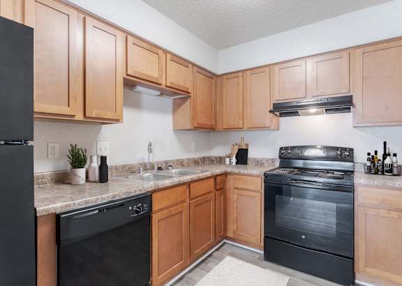 A kitchen with black appliances and wooden cabinets.