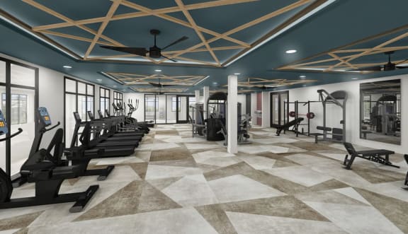 a rendering of a fitness center with exercise equipment and a checkered floor