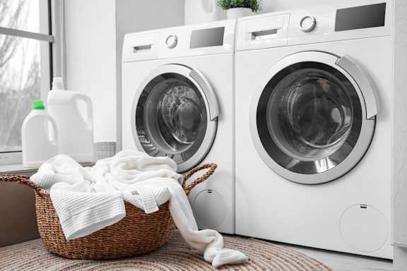 A laundry basket filled with clothes sits in front of two front-loading washing machines.
