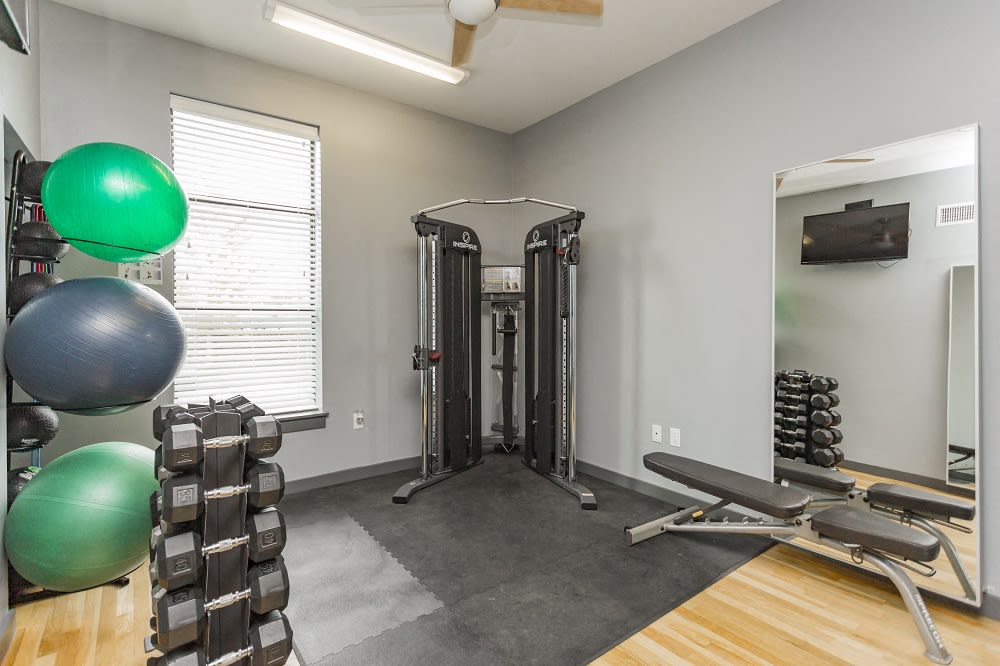 Gale Lofts fitness center weights area - Nashville, TN