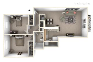 2-Bed/1-Bath, Moonflower Floor Plan at Hillside Apartments, Michigan, 48393