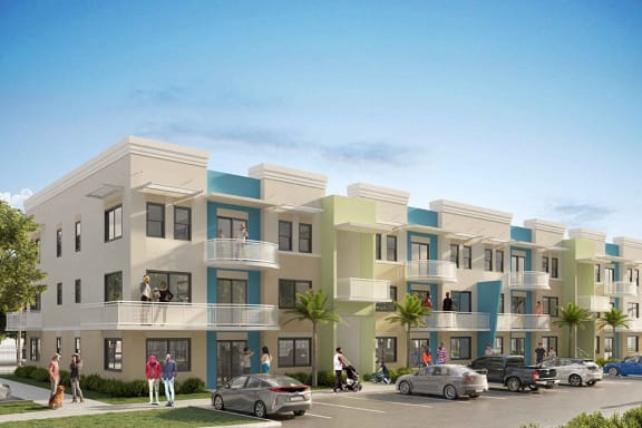 a rendering of an apartment building with cars on the street