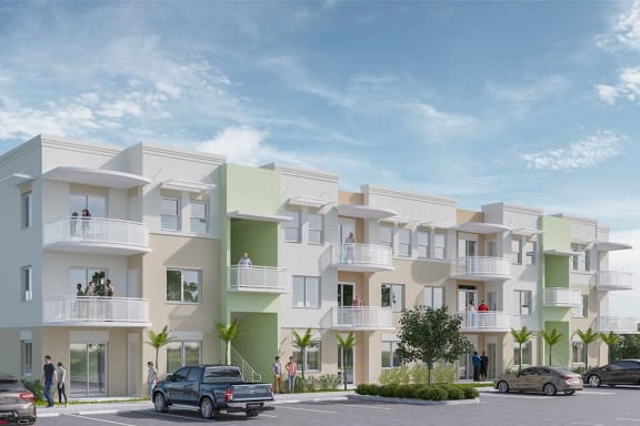 a rendering of an apartment building with cars in a parking lot