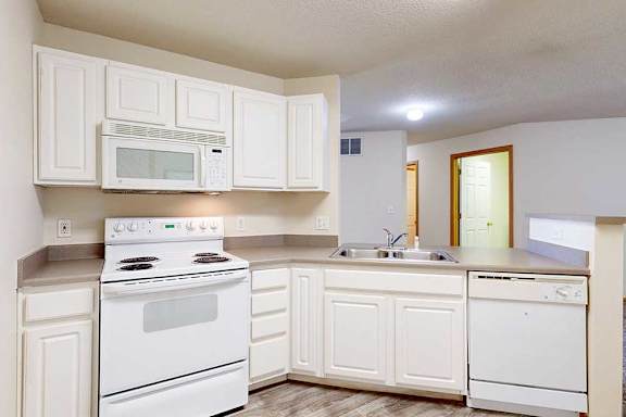 a kitchen with white cabinets, full-sized appliances, a double basin stainless steel sink, and vinyl flooring