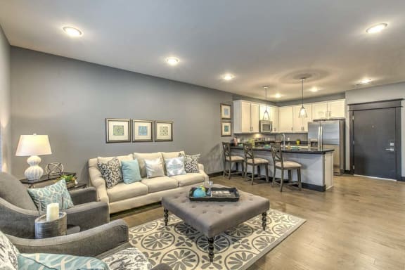 The Helen furnished living room and kitchen