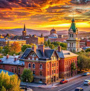 A cityscape with a prominent building in the center and a sunset sky.