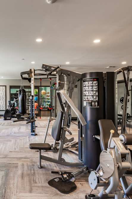 A gym with treadmills, weights, and exercise equipment.